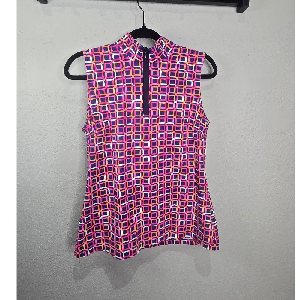 J.McLaughlin Sleeveless Mock Neck Top Womens Size M Multi Color Geometric Zip